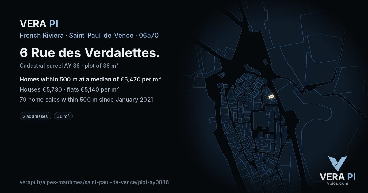 6 Rue des Verdalettes, Saint-Paul-de-Vence at night – the plot lit, the parcels around coloured by the prices near them
