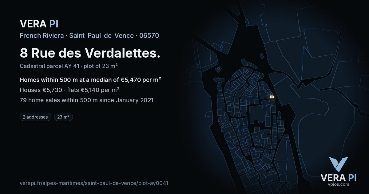 8 Rue des Verdalettes, Saint-Paul-de-Vence at night – the plot lit, the parcels around coloured by the prices near them