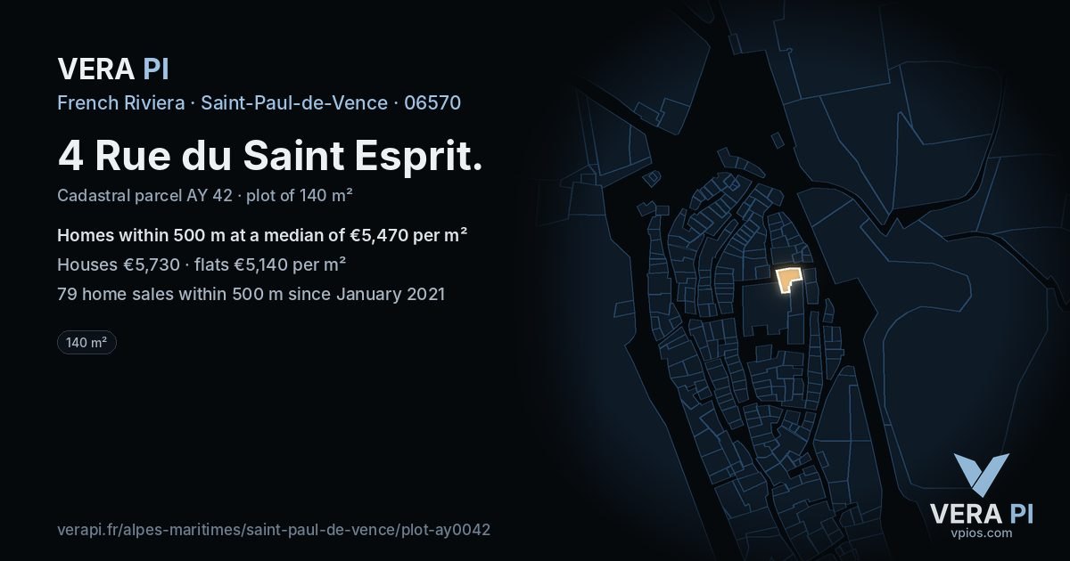 4 Rue du Saint Esprit, Saint-Paul-de-Vence at night – the plot lit, the parcels around coloured by the prices near them