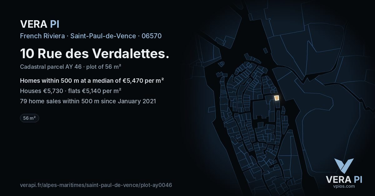 10 Rue des Verdalettes, Saint-Paul-de-Vence at night – the plot lit, the parcels around coloured by the prices near them