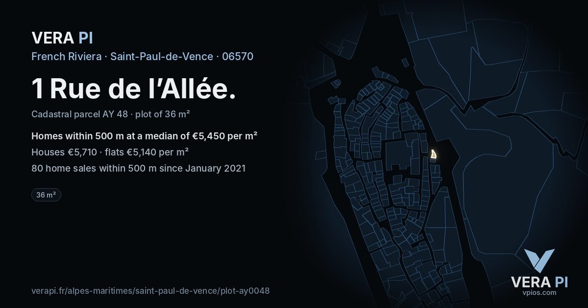 1 Rue de l’Allée, Saint-Paul-de-Vence at night – the plot lit, the parcels around coloured by the prices near them