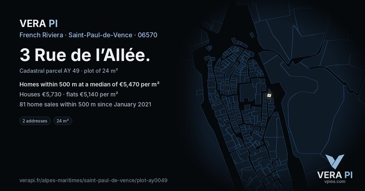 3 Rue de l’Allée, Saint-Paul-de-Vence at night – the plot lit, the parcels around coloured by the prices near them