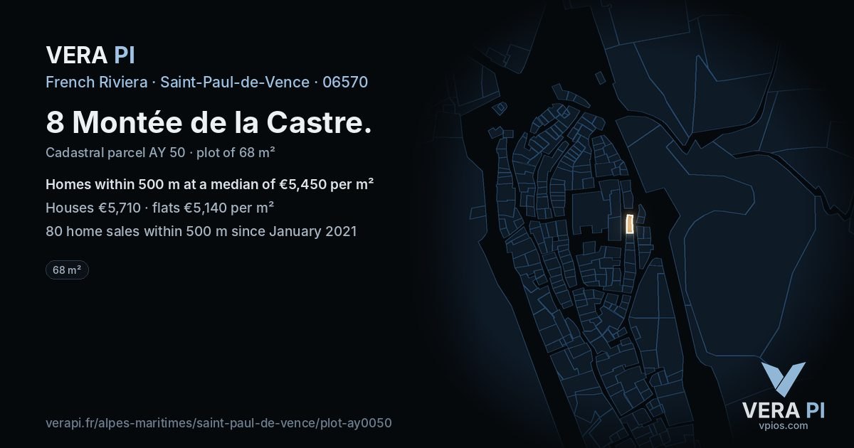 8 Montée de la Castre, Saint-Paul-de-Vence at night – the plot lit, the parcels around coloured by the prices near them