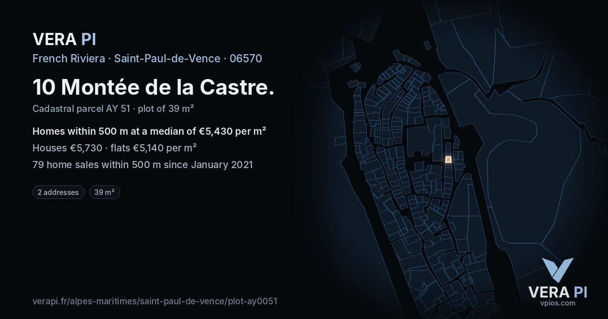 10 Montée de la Castre, Saint-Paul-de-Vence at night – the plot lit, the parcels around coloured by the prices near them