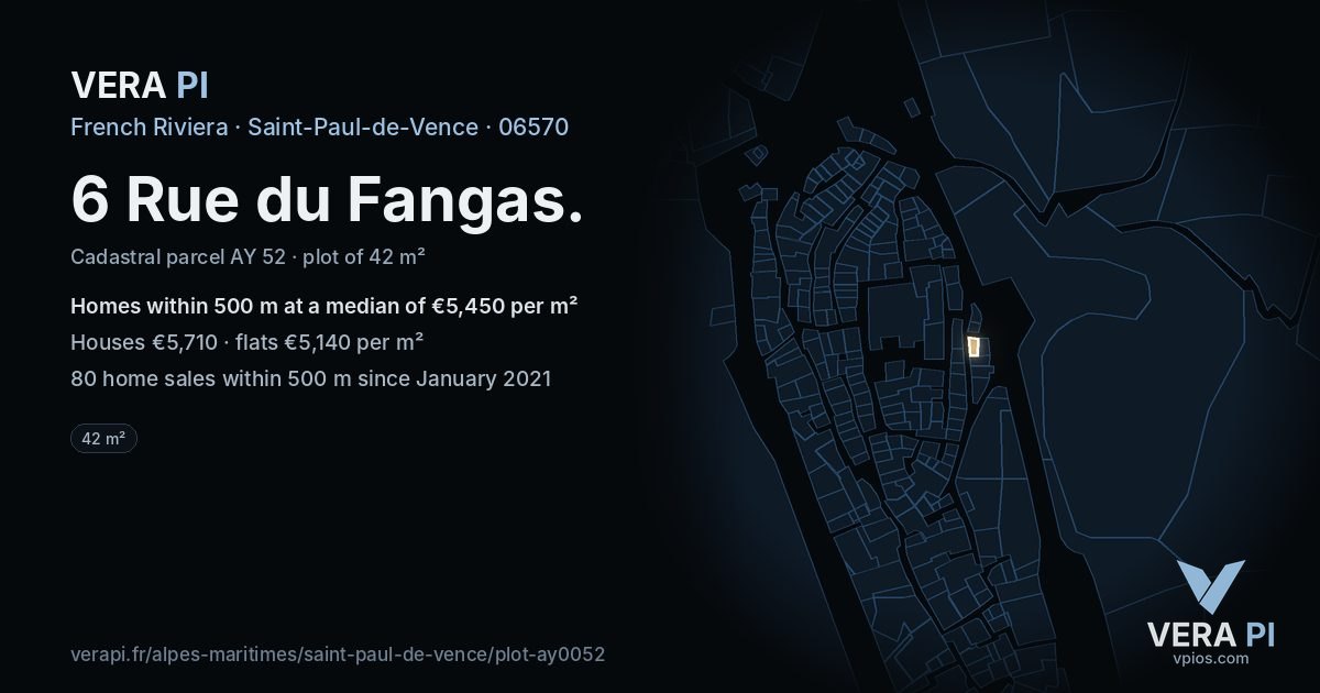 6 Rue du Fangas, Saint-Paul-de-Vence at night – the plot lit, the parcels around coloured by the prices near them