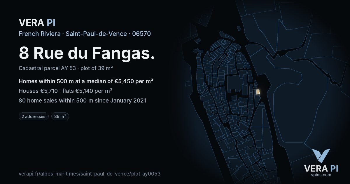 8 Rue du Fangas, Saint-Paul-de-Vence at night – the plot lit, the parcels around coloured by the prices near them