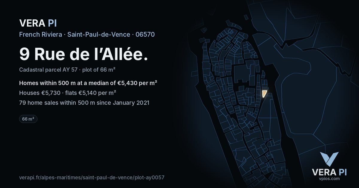 9 Rue de l’Allée, Saint-Paul-de-Vence at night – the plot lit, the parcels around coloured by the prices near them