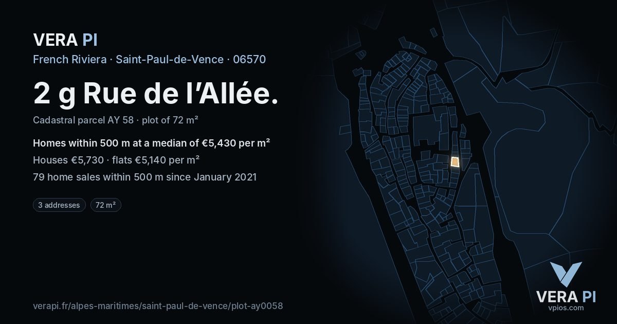 2 g Rue de l’Allée, Saint-Paul-de-Vence at night – the plot lit, the parcels around coloured by the prices near them