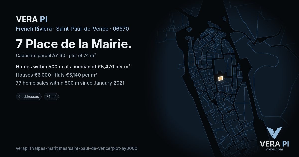 7 Place de la Mairie, Saint-Paul-de-Vence at night – the plot lit, the parcels around coloured by the prices near them
