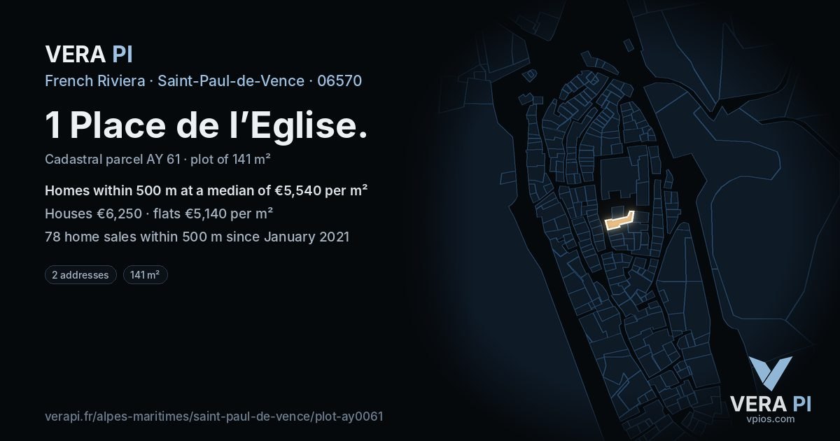 1 Place de l’Eglise, Saint-Paul-de-Vence at night – the plot lit, the parcels around coloured by the prices near them