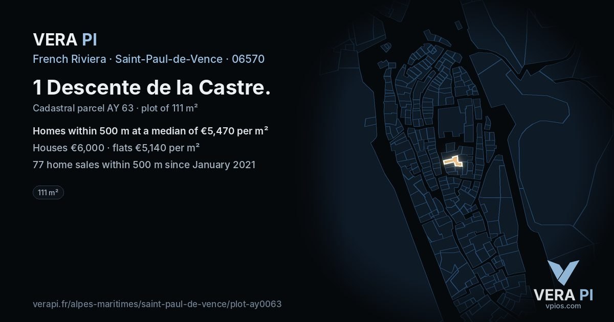 1 Descente de la Castre, Saint-Paul-de-Vence at night – the plot lit, the parcels around coloured by the prices near them