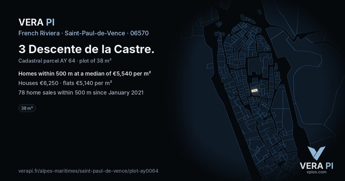3 Descente de la Castre, Saint-Paul-de-Vence at night – the plot lit, the parcels around coloured by the prices near them