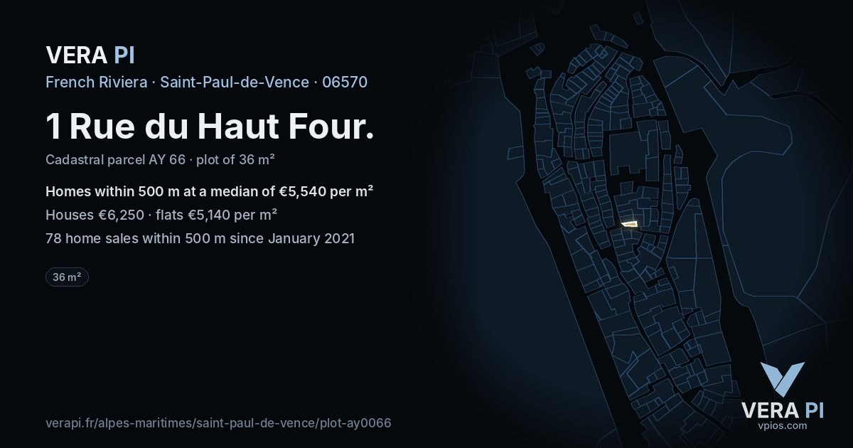 1 Rue du Haut Four, Saint-Paul-de-Vence at night – the plot lit, the parcels around coloured by the prices near them