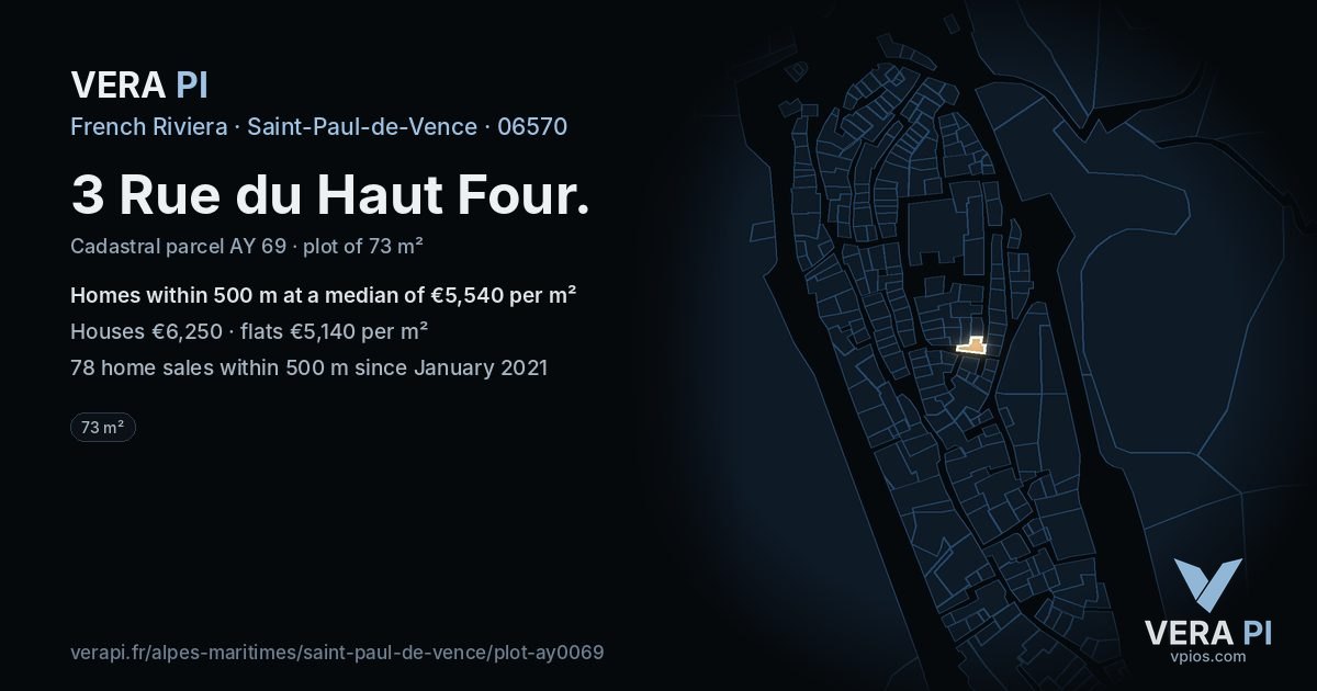 3 Rue du Haut Four, Saint-Paul-de-Vence at night – the plot lit, the parcels around coloured by the prices near them