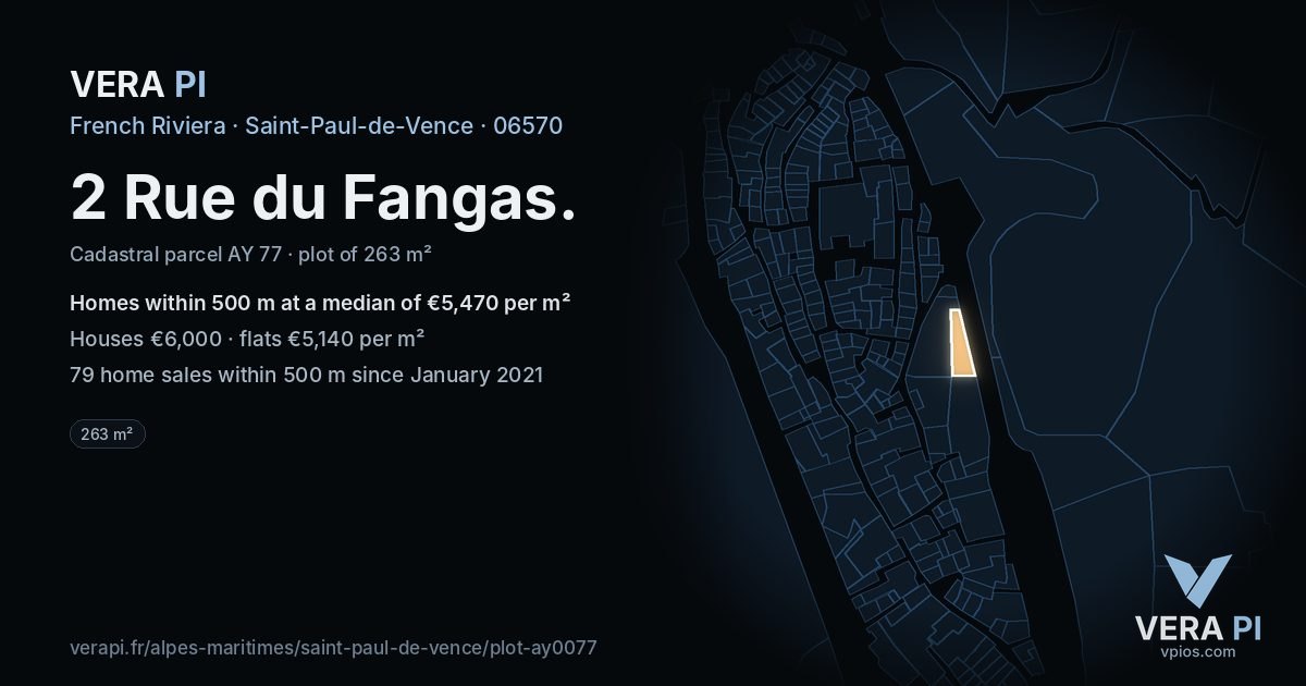 2 Rue du Fangas, Saint-Paul-de-Vence at night – the plot lit, the parcels around coloured by the prices near them