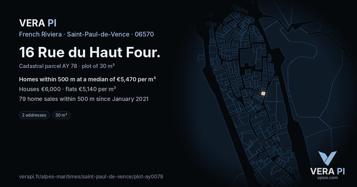 16 Rue du Haut Four, Saint-Paul-de-Vence at night – the plot lit, the parcels around coloured by the prices near them