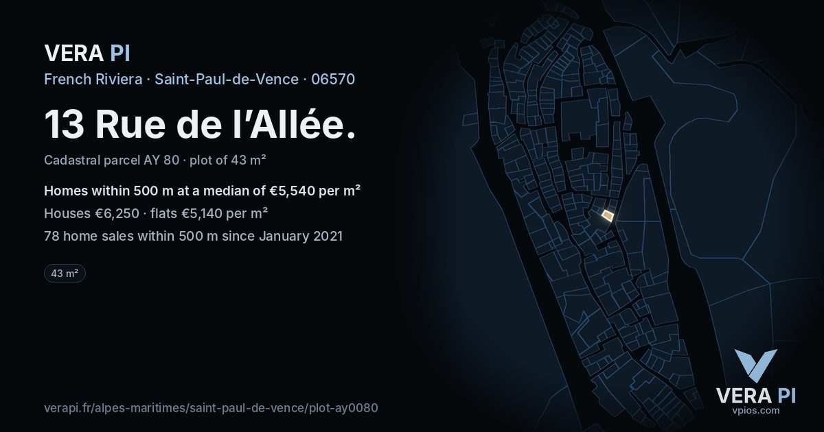 13 Rue de l’Allée, Saint-Paul-de-Vence at night – the plot lit, the parcels around coloured by the prices near them