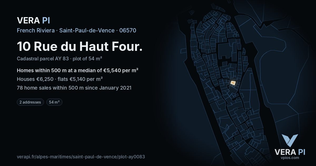 10 Rue du Haut Four, Saint-Paul-de-Vence at night – the plot lit, the parcels around coloured by the prices near them