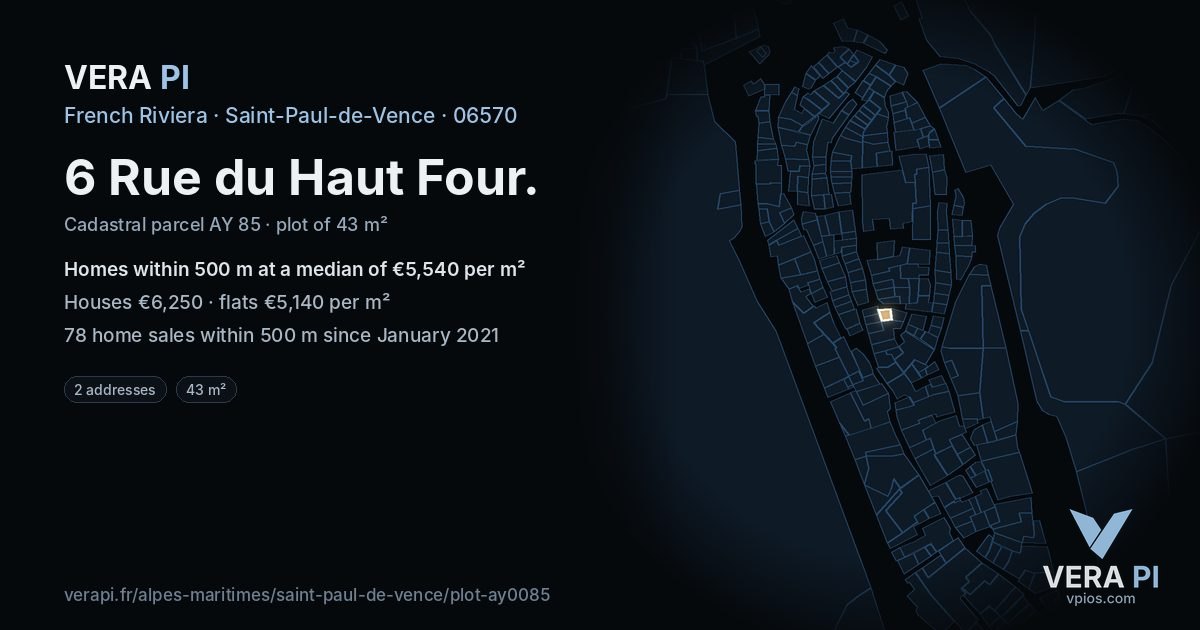 6 Rue du Haut Four, Saint-Paul-de-Vence at night – the plot lit, the parcels around coloured by the prices near them