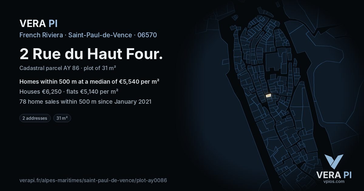 2 Rue du Haut Four, Saint-Paul-de-Vence at night – the plot lit, the parcels around coloured by the prices near them