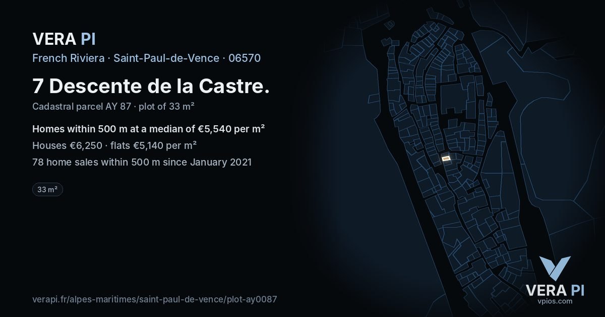 7 Descente de la Castre, Saint-Paul-de-Vence at night – the plot lit, the parcels around coloured by the prices near them
