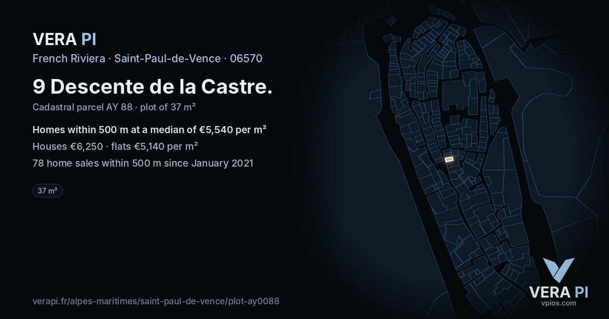 9 Descente de la Castre, Saint-Paul-de-Vence at night – the plot lit, the parcels around coloured by the prices near them