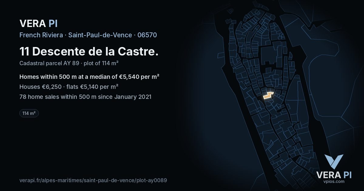 11 Descente de la Castre, Saint-Paul-de-Vence at night – the plot lit, the parcels around coloured by the prices near them