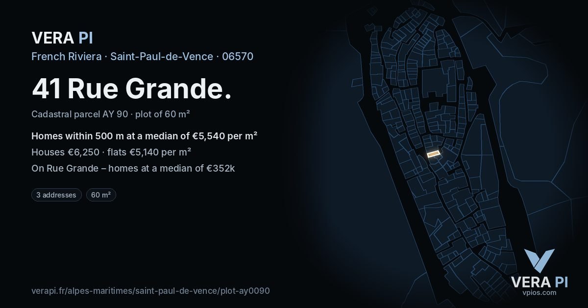 41 Rue Grande, Saint-Paul-de-Vence at night – the plot lit, the parcels around coloured by the prices near them
