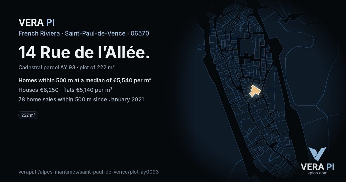 14 Rue de l’Allée, Saint-Paul-de-Vence at night – the plot lit, the parcels around coloured by the prices near them