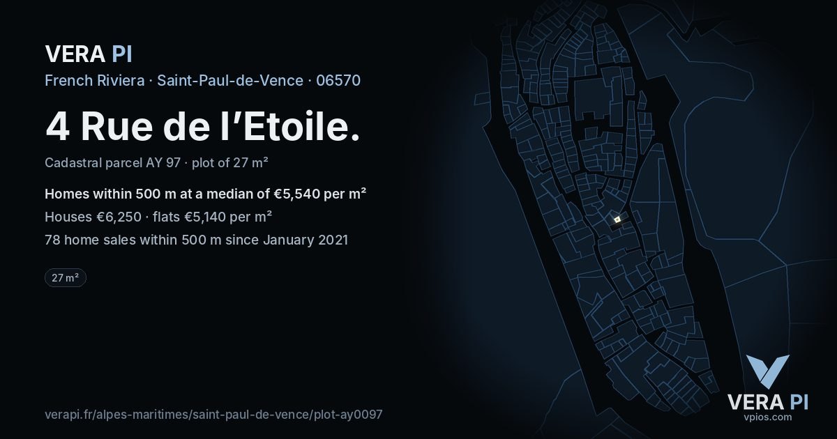 4 Rue de l’Etoile, Saint-Paul-de-Vence at night – the plot lit, the parcels around coloured by the prices near them