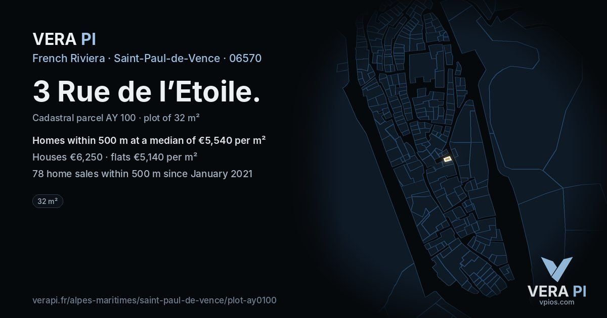 3 Rue de l’Etoile, Saint-Paul-de-Vence at night – the plot lit, the parcels around coloured by the prices near them