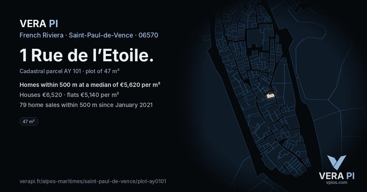 1 Rue de l’Etoile, Saint-Paul-de-Vence at night – the plot lit, the parcels around coloured by the prices near them