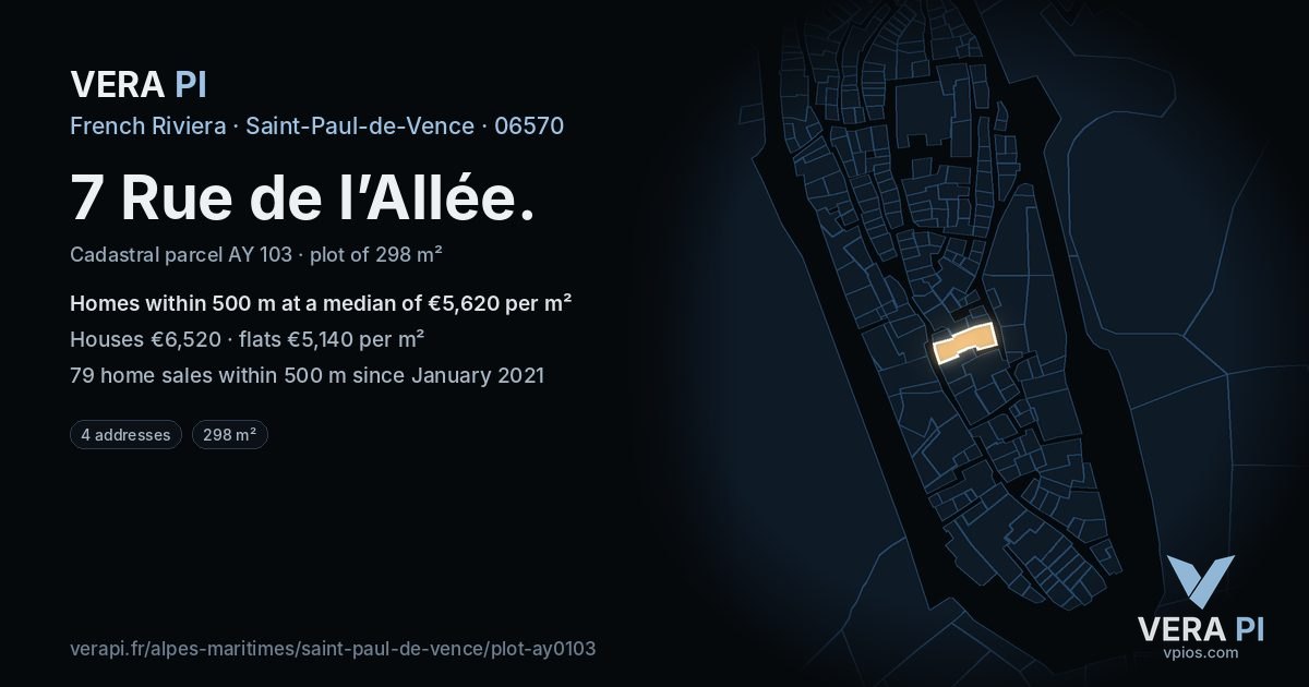7 Rue de l’Allée, Saint-Paul-de-Vence at night – the plot lit, the parcels around coloured by the prices near them