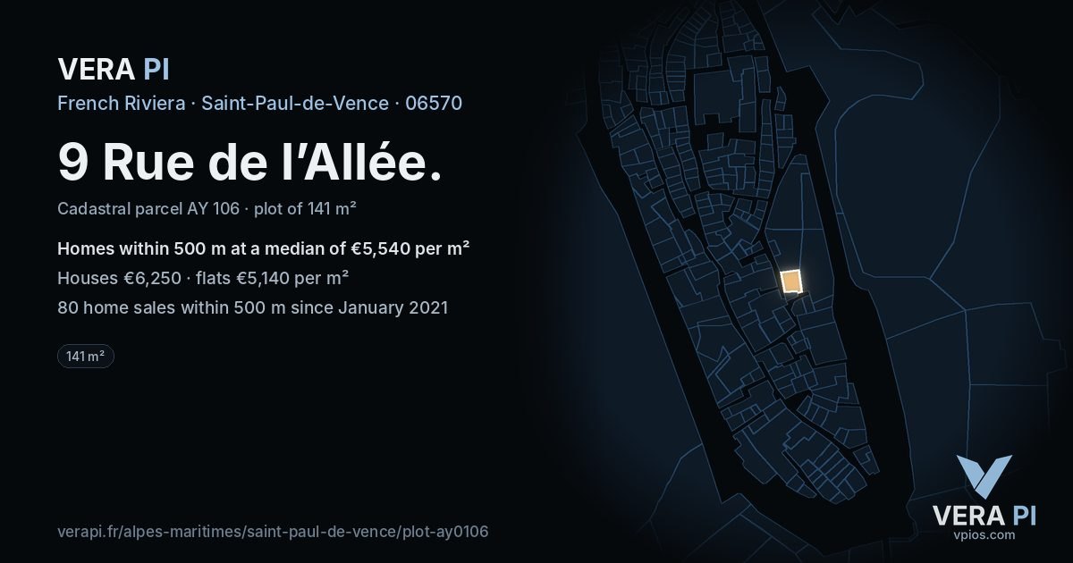 9 Rue de l’Allée, Saint-Paul-de-Vence at night – the plot lit, the parcels around coloured by the prices near them