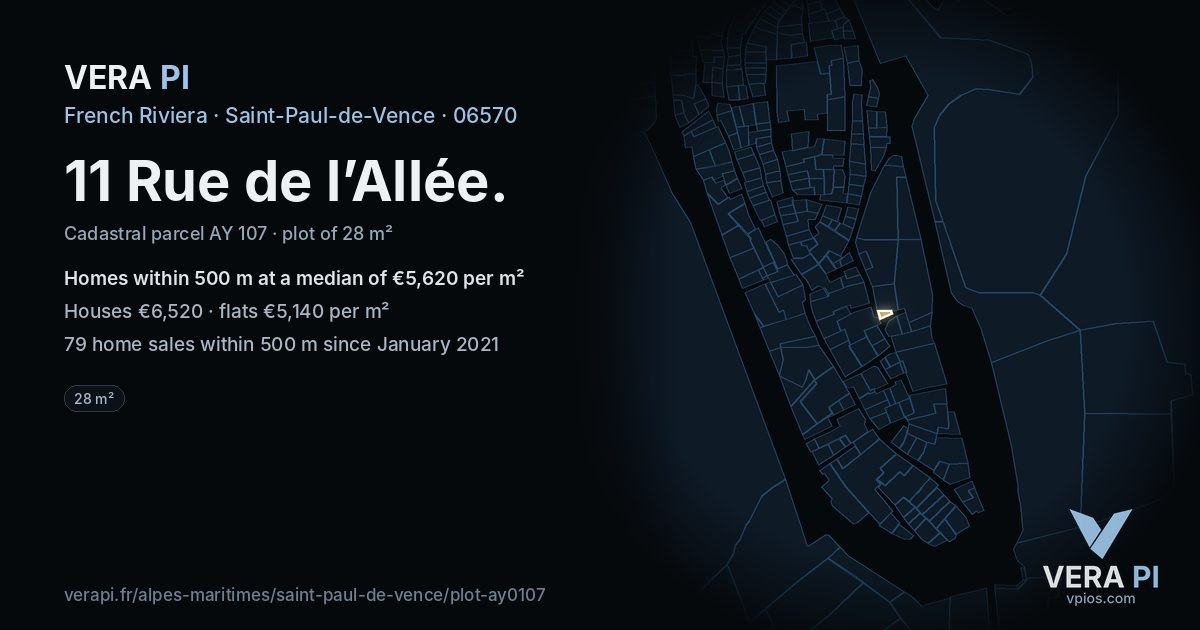 11 Rue de l’Allée, Saint-Paul-de-Vence at night – the plot lit, the parcels around coloured by the prices near them