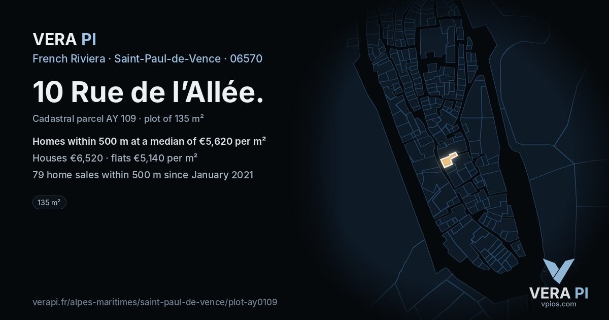 10 Rue de l’Allée, Saint-Paul-de-Vence at night – the plot lit, the parcels around coloured by the prices near them