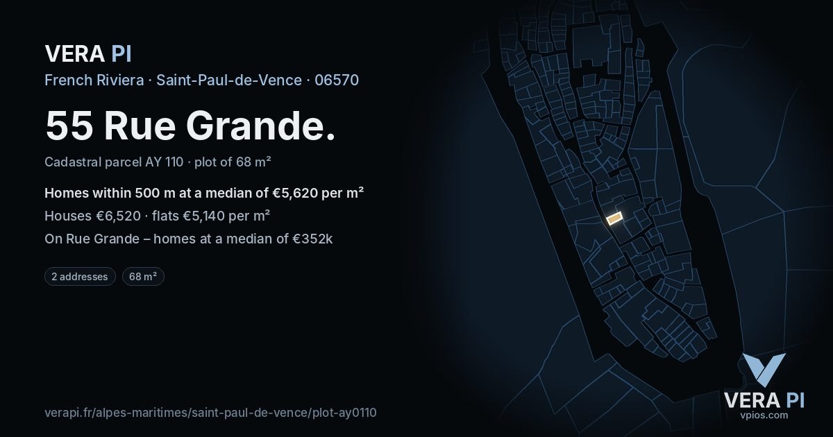 55 Rue Grande, Saint-Paul-de-Vence at night – the plot lit, the parcels around coloured by the prices near them