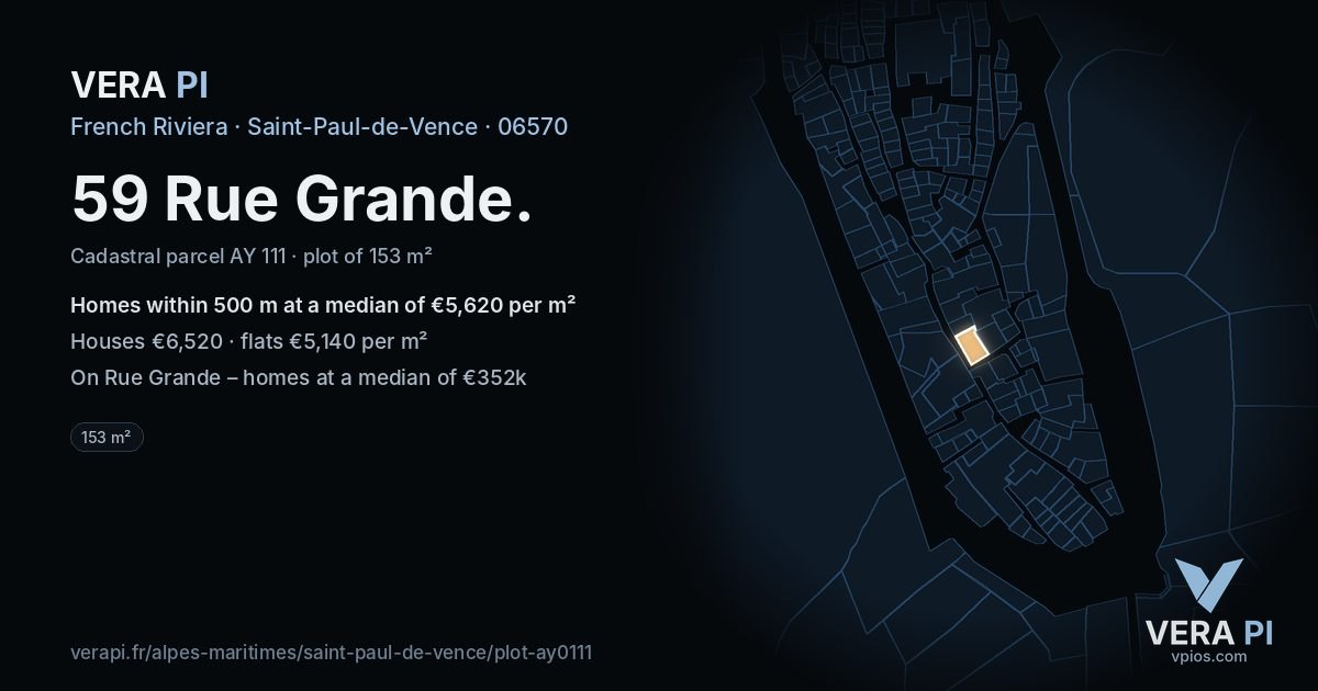 59 Rue Grande, Saint-Paul-de-Vence at night – the plot lit, the parcels around coloured by the prices near them