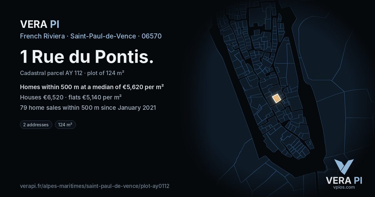 1 Rue du Pontis, Saint-Paul-de-Vence at night – the plot lit, the parcels around coloured by the prices near them