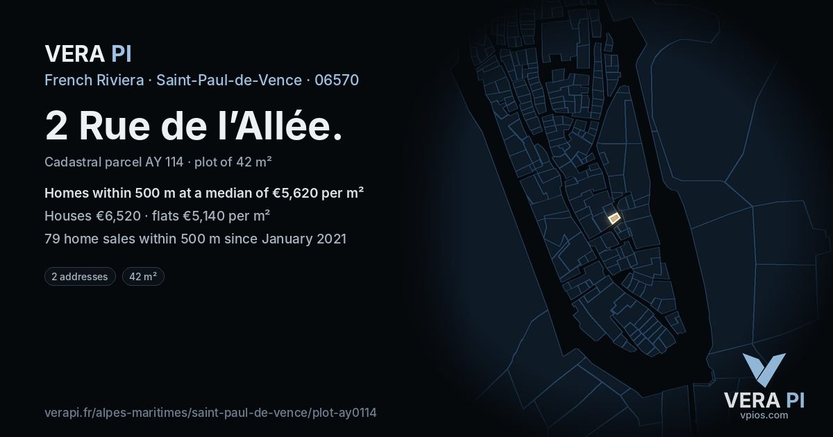 2 Rue de l’Allée, Saint-Paul-de-Vence at night – the plot lit, the parcels around coloured by the prices near them