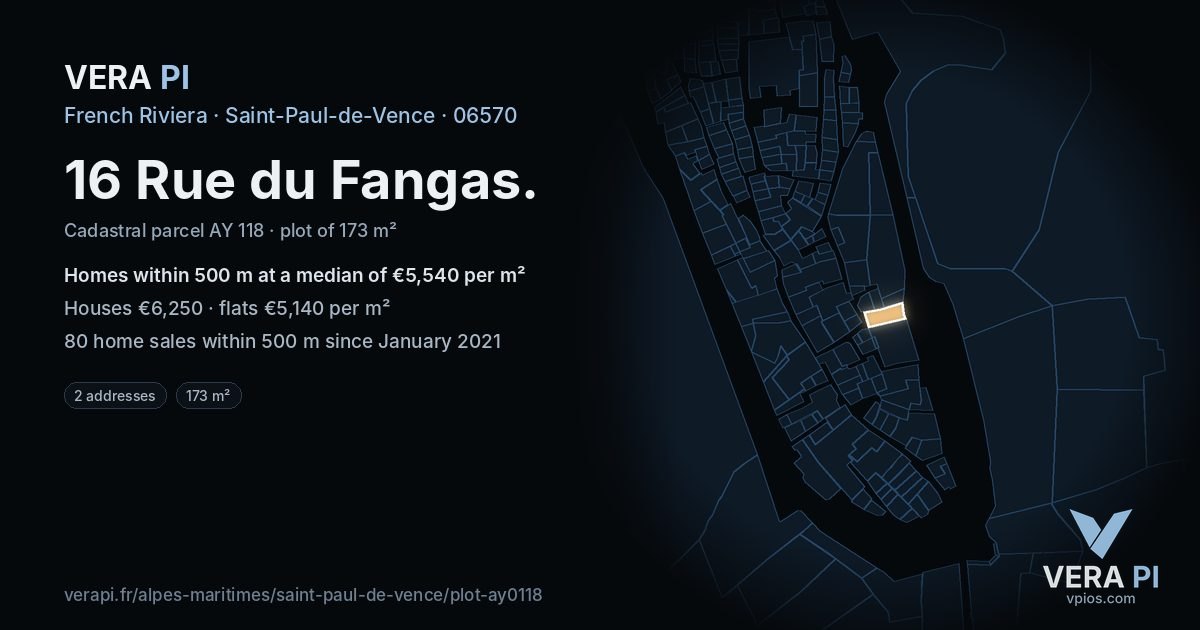 16 Rue du Fangas, Saint-Paul-de-Vence at night – the plot lit, the parcels around coloured by the prices near them