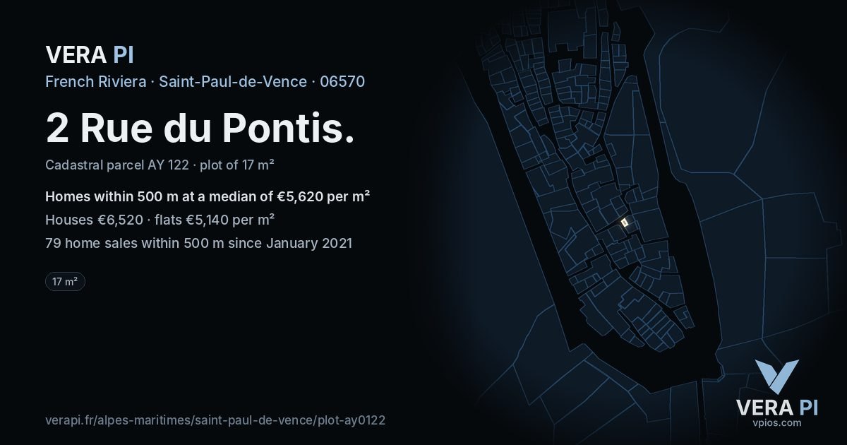 2 Rue du Pontis, Saint-Paul-de-Vence at night – the plot lit, the parcels around coloured by the prices near them