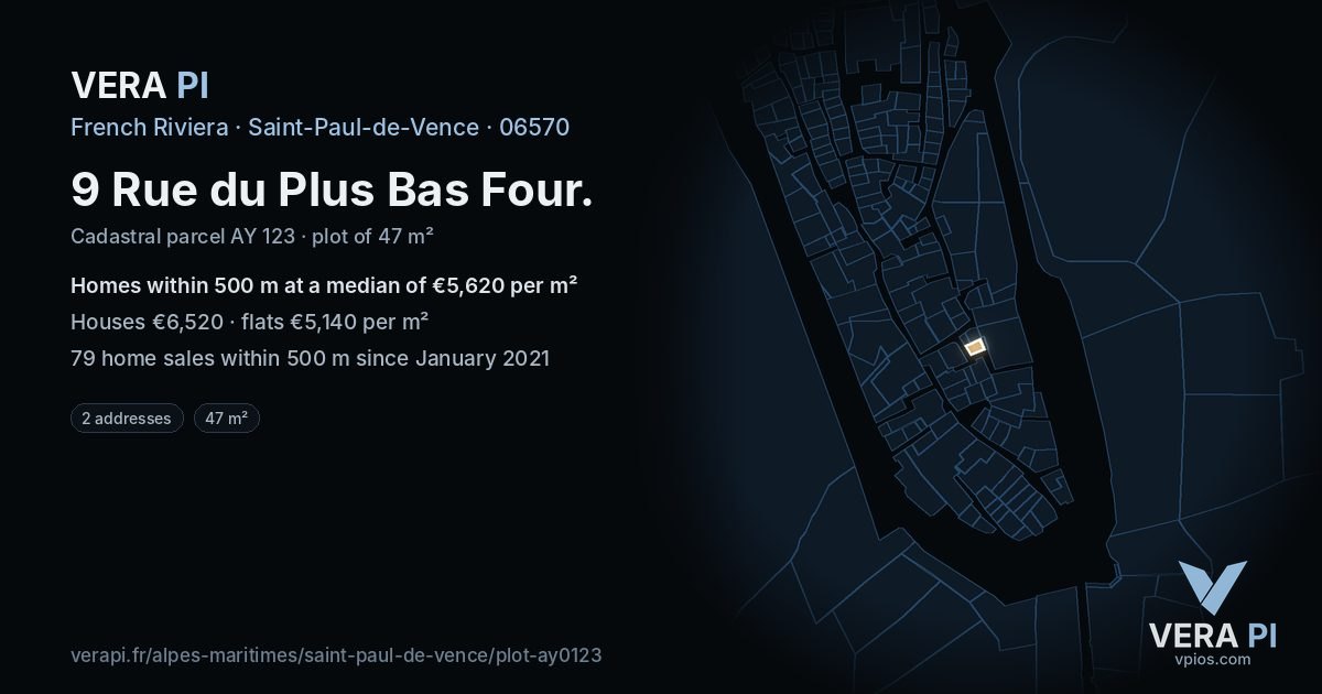 9 Rue du Plus Bas Four, Saint-Paul-de-Vence at night – the plot lit, the parcels around coloured by the prices near them