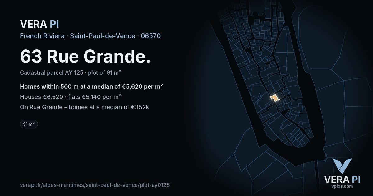 63 Rue Grande, Saint-Paul-de-Vence at night – the plot lit, the parcels around coloured by the prices near them
