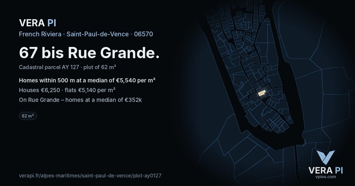 67 bis Rue Grande, Saint-Paul-de-Vence at night – the plot lit, the parcels around coloured by the prices near them