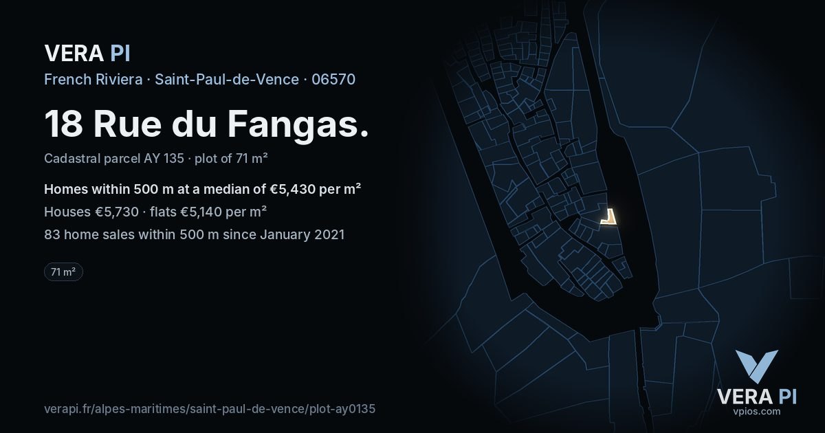 18 Rue du Fangas, Saint-Paul-de-Vence at night – the plot lit, the parcels around coloured by the prices near them