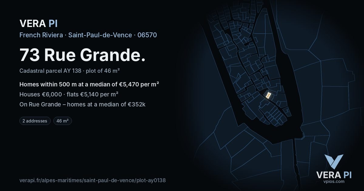 73 Rue Grande, Saint-Paul-de-Vence at night – the plot lit, the parcels around coloured by the prices near them