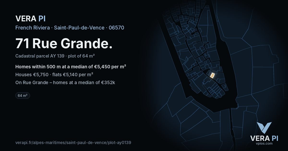 71 Rue Grande, Saint-Paul-de-Vence at night – the plot lit, the parcels around coloured by the prices near them