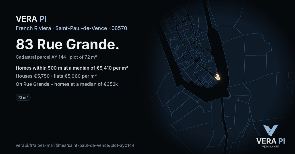 83 Rue Grande, Saint-Paul-de-Vence at night – the plot lit, the parcels around coloured by the prices near them