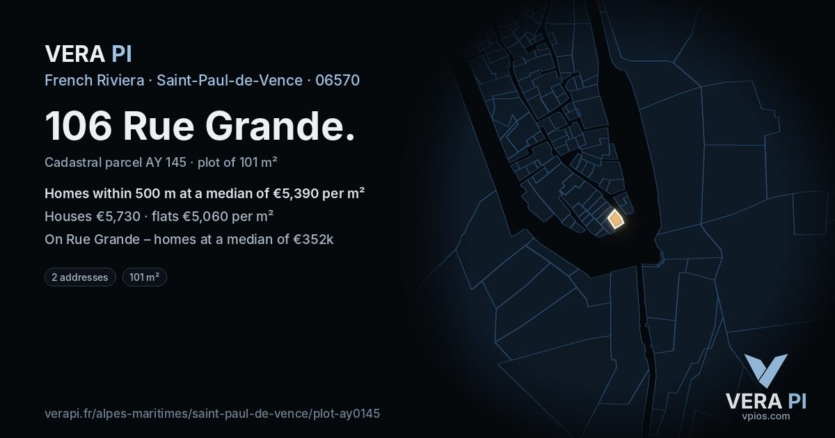 106 Rue Grande, Saint-Paul-de-Vence at night – the plot lit, the parcels around coloured by the prices near them